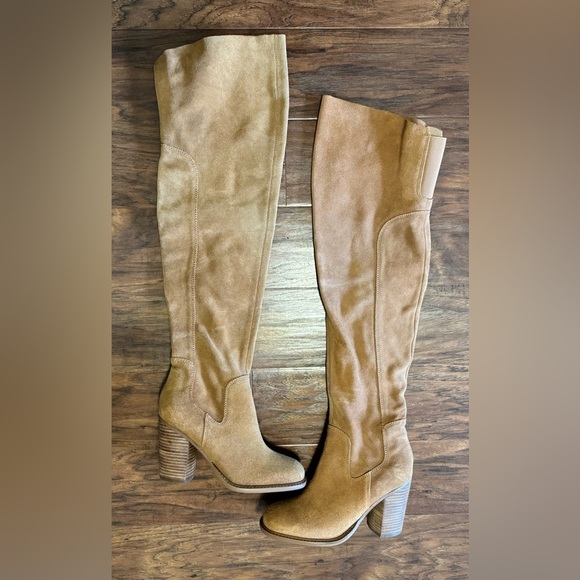 Kelsi Dagger Brooklyn Logan Fawn Thigh High Suede Boots Stacked Heel Chic Size 7 - Picture 10 of 11